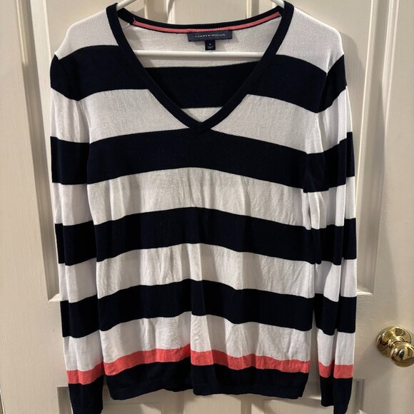 Tommy Hilfiger Women's Striped V-Neck Sweater ~ Medium ~ EUC - Picture 1 of 4